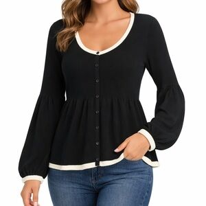 AK Anne Klein Black Ivory Trim Peplum Button Front Slinky Sheer Blouse XL